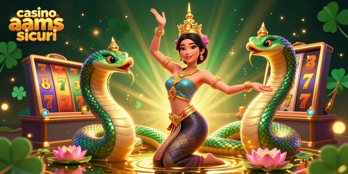 Immergiti nell'eccitazione dei casinò non AAMS sicuri attraverso un'illustrazione vivace in 3D di rulli delle slot, ballerini asiatici e Naga.