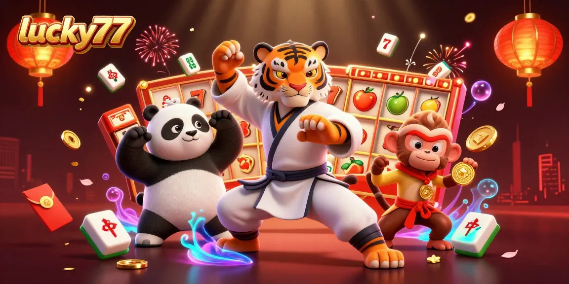 Engage with lucky77 as the kung fu tiger performs a crane stance surrounded by dynamic casino elements.