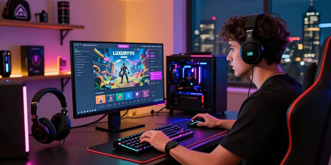 Visualisasi pengalaman permainan LUXURY111 Online dengan gamer di depan layar komputer dalam suasana modern.