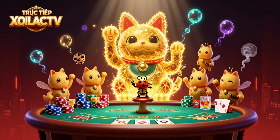 Experience TRỰC TIẾP XOILACTV with our colorful giant lucky cat illustration in a lively casino scene.