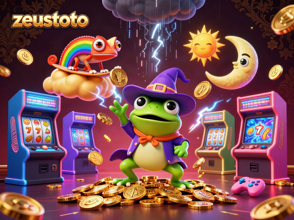 Experience zeustoto excitement with vibrant golden coins and playful characters in a thrilling casino scene.