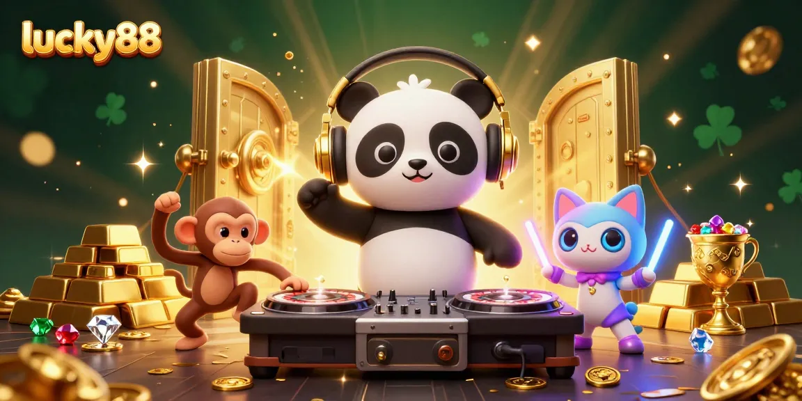 Play and win big at lucky88 with a vibrant 3D scene featuring a DJ panda and dancing monkey.