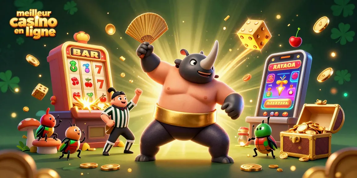 Illustration animée représentant le meilleur casino en ligne avec un rhinocéros scarabée et des pièces d'or volant.