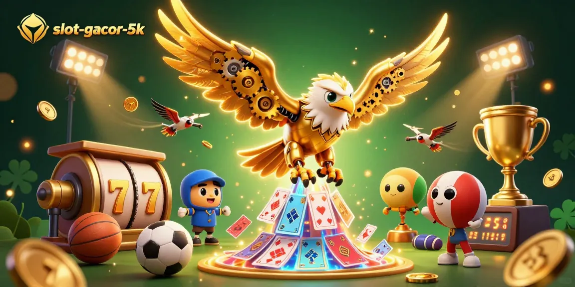 Engage with slot-gacor-5k: A vibrant 3D scene of an eagle amidst dynamic slot reels and sports elements.