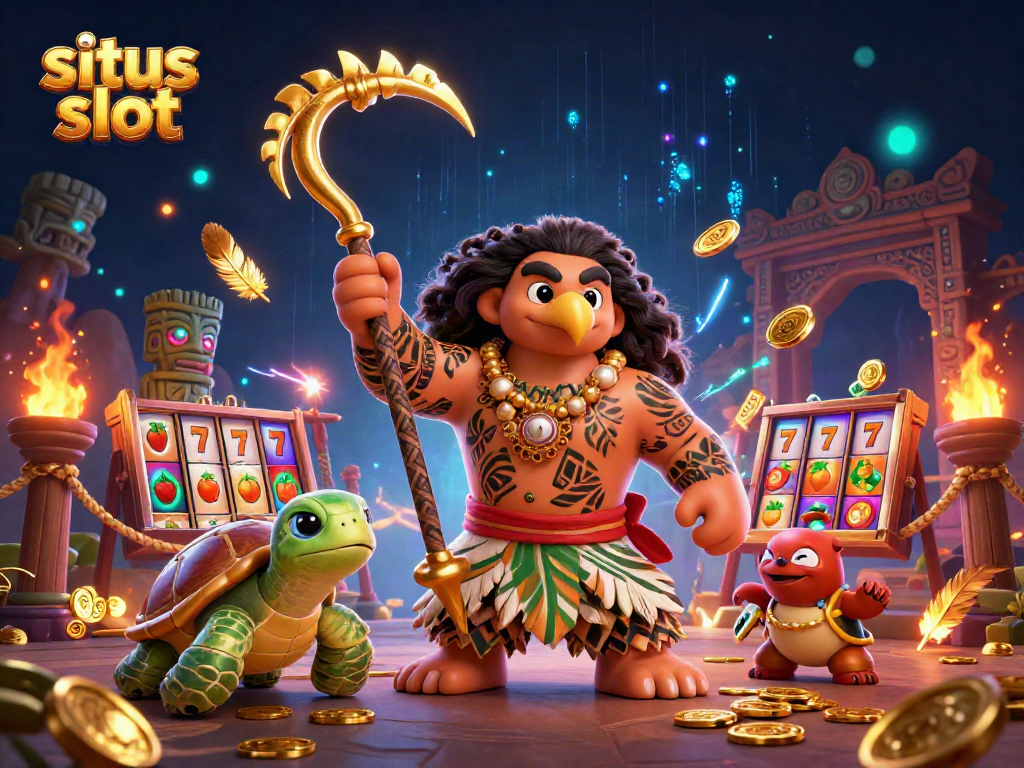 Engage in situs slot excitement with a dynamic scene featuring a demigod hawk, turtle sidekick, and glowing tiki statues.