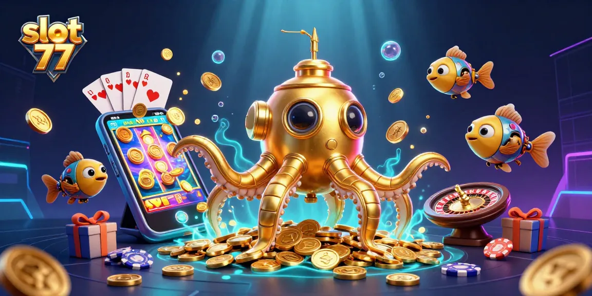 Spin slots with slot 77 as a golden kraken submarine surfaces amidst gold coins and game excitement.