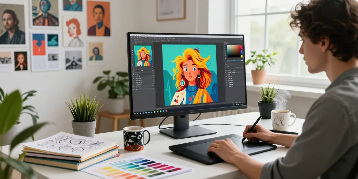 Digital artist using nano banana 2 software to create vibrant AI-generated images in a modern workspace.