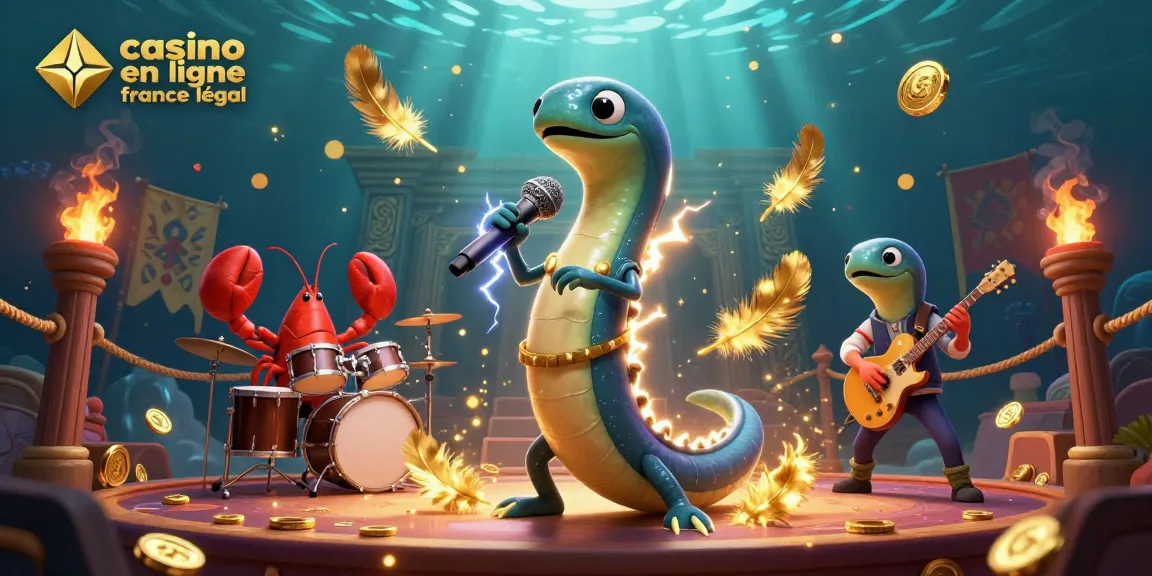Animation d'un casino en ligne légal en France avec un DJ en anguille et un groupe marin vibrant.
