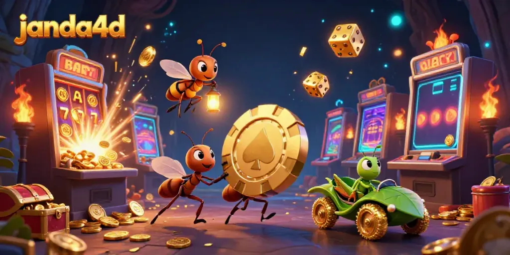 Tim ant membawa chip poker emas di JANDA4D, dengan tampilan slot 3D dan efek koin.