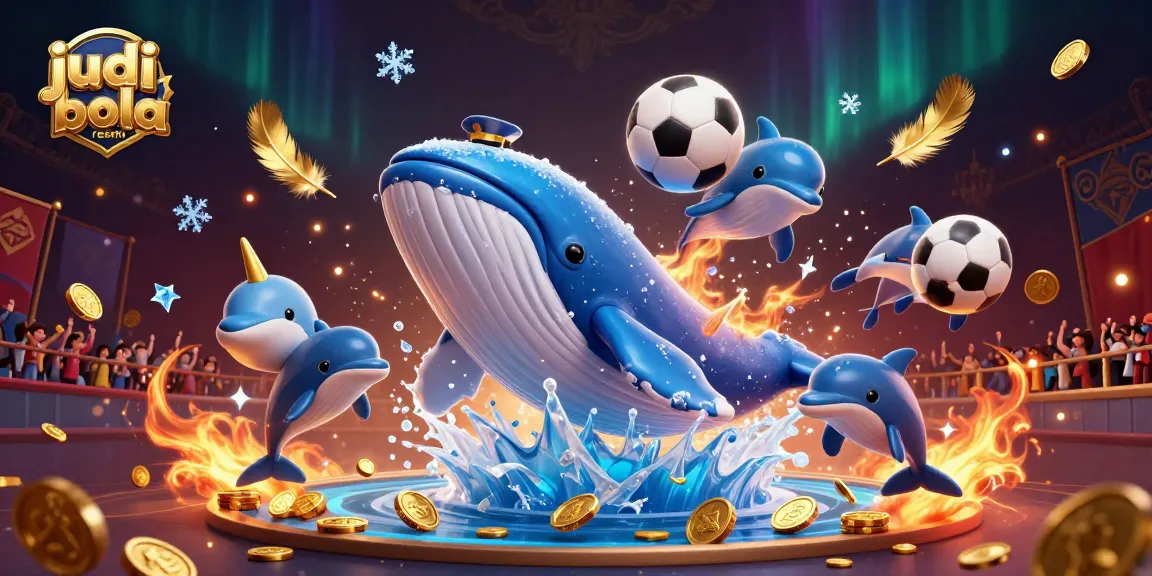 Engage in judi bola resmi with vibrant 3D scene showcasing a cartoon whale and sports elements.