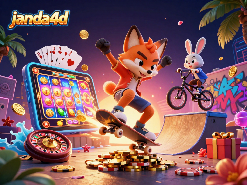 Permainan slot janda4d dijalankan oleh karakter kartun lucu, dengan koin dan simbol kasino bertebaran.