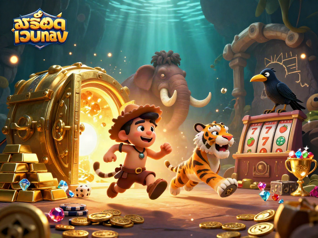Captivating scene depicting สล็อตเว็บตรง with caveman and sabertooth tiger in a prehistoric casino.