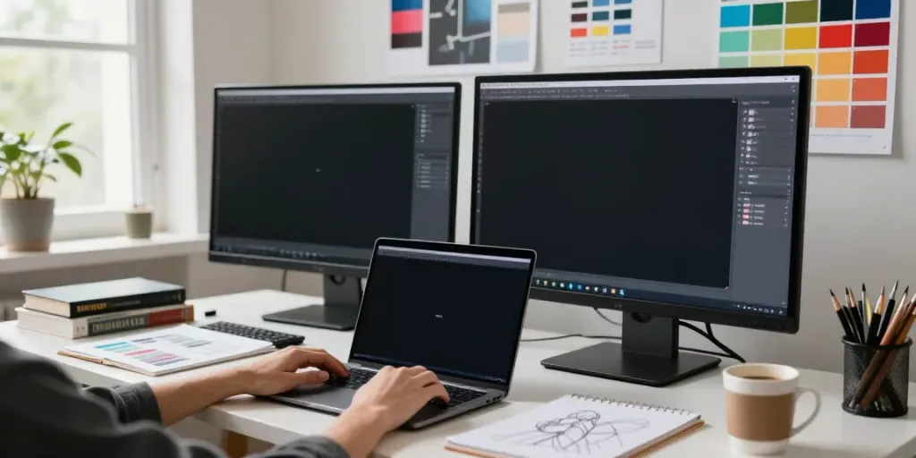 Image variation generator in a creative workspace with designer working on before and after images.