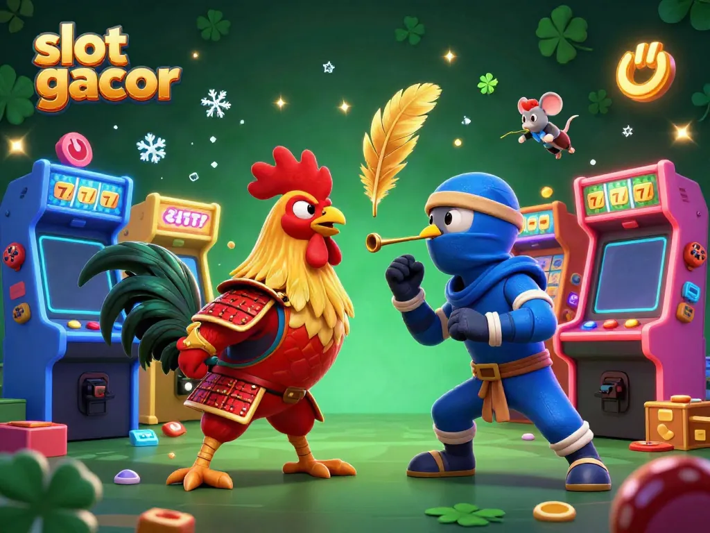 Engage with slot gacor excitement featuring dramatic roosters, vibrant slot reels, and lively gaming elements.