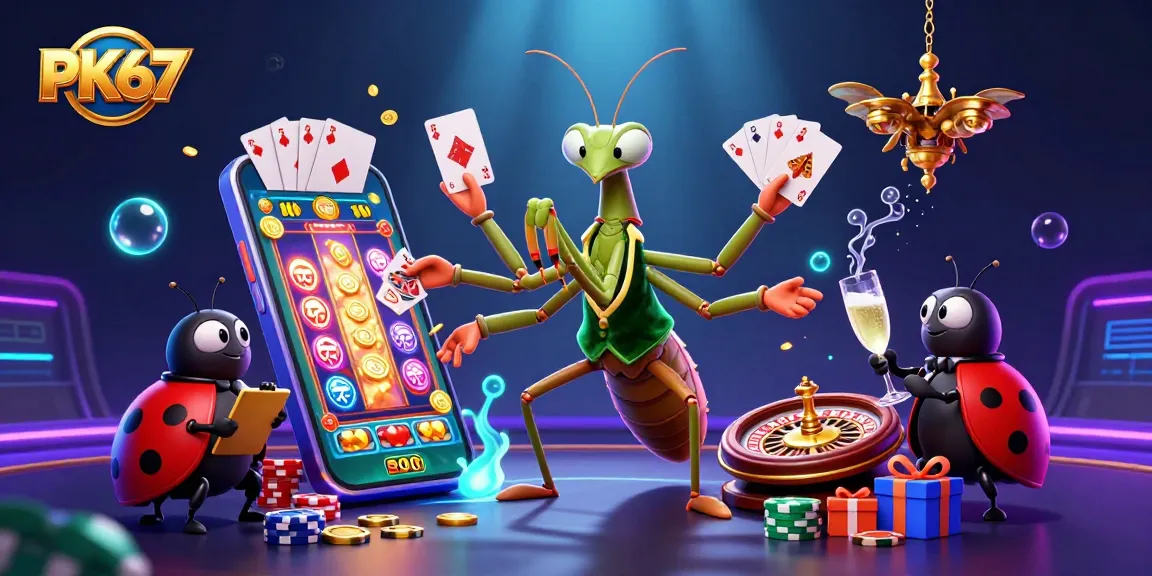 Experience thrilling gameplay with PK67's vibrant casino scene featuring a praying mantis card sharp and live entertainment.