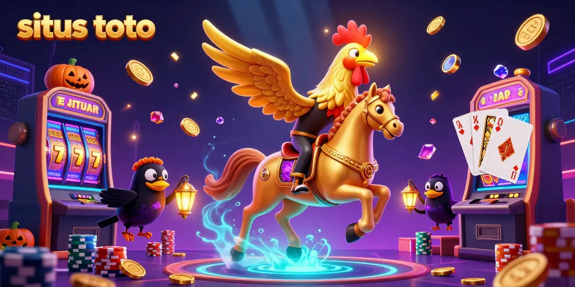 Situs toto slot game illustration showcasing a golden rooster in a casino with vibrant slot reels.