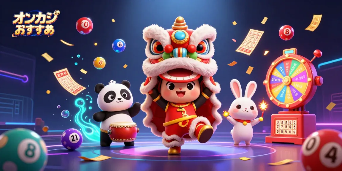 オンカジ おすすめのカラフルな宝くじボールが浮遊する中、ライオンのコスチュームを着たキャラクターがダンスするイラスト