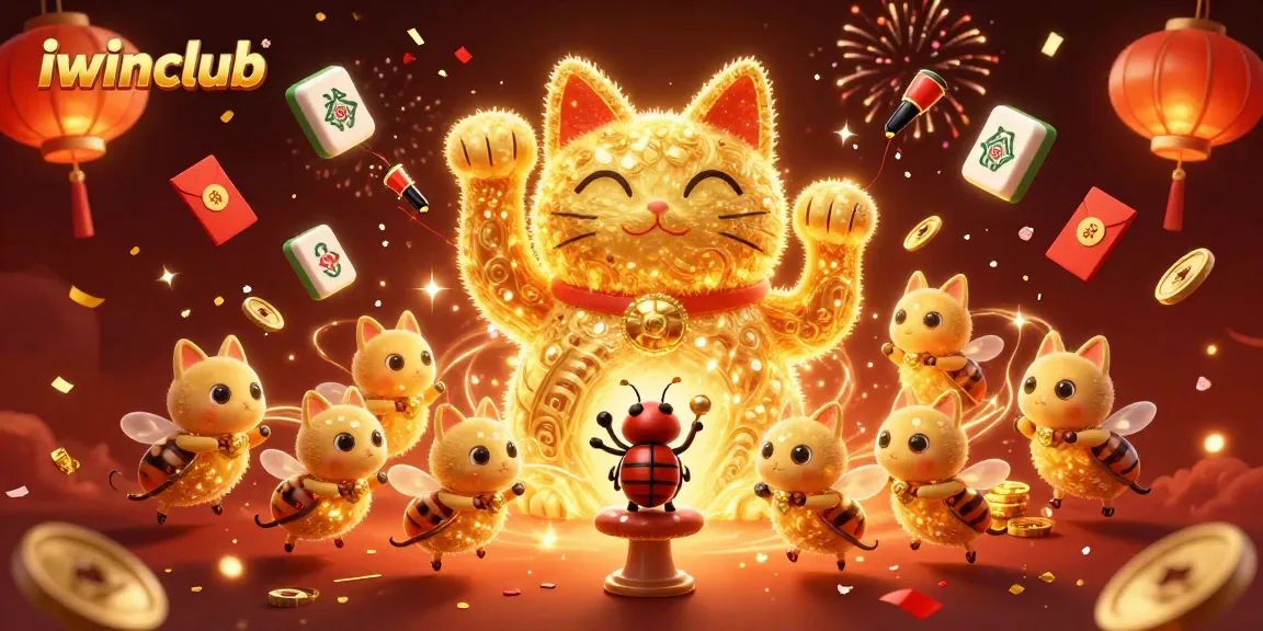 Engage in thrilling gaming with iwinclub's vibrant illustration of a lucky cat and casino symbols.