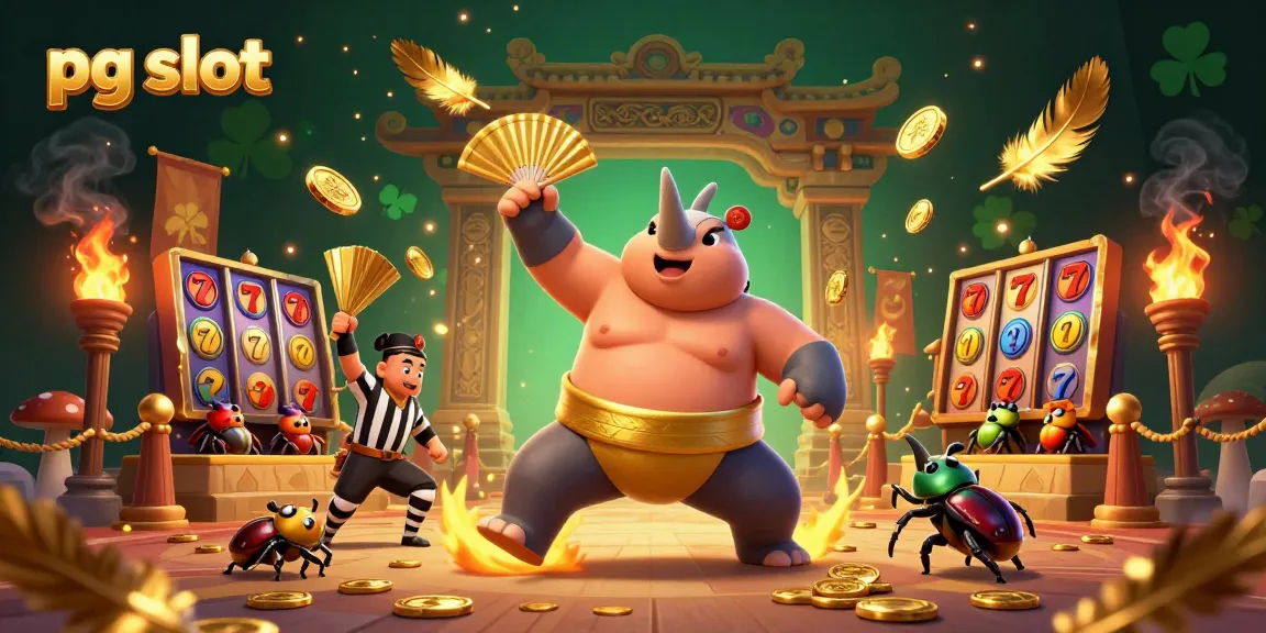 Spin the pg slot reels with a powerful beetle champion amidst gold coins and vibrant casino elements.
