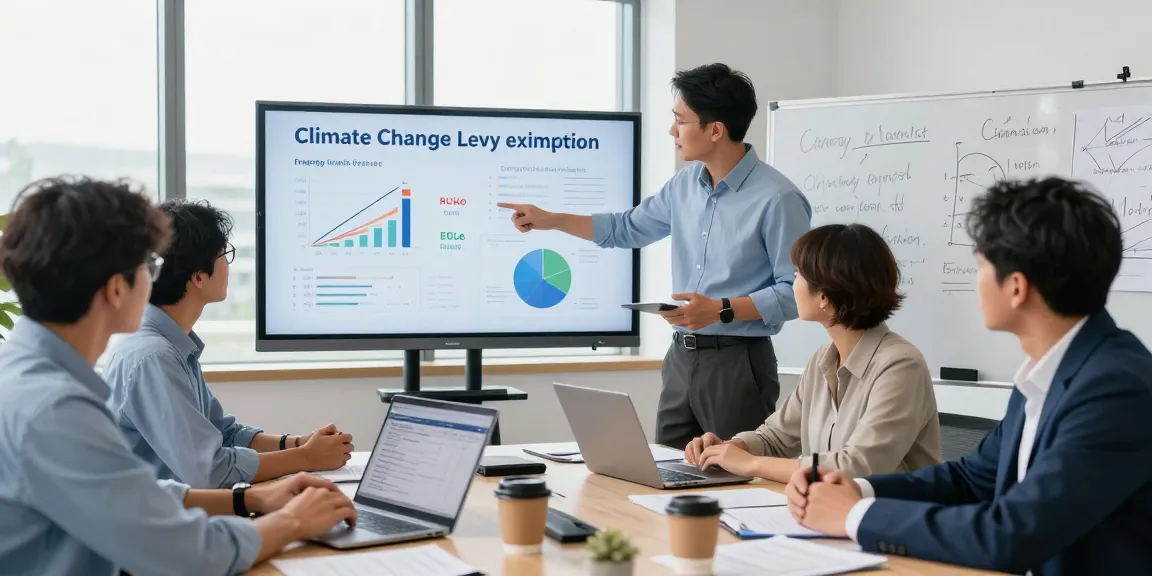 Team discussing climate change levy exemption strategies in a modern office.