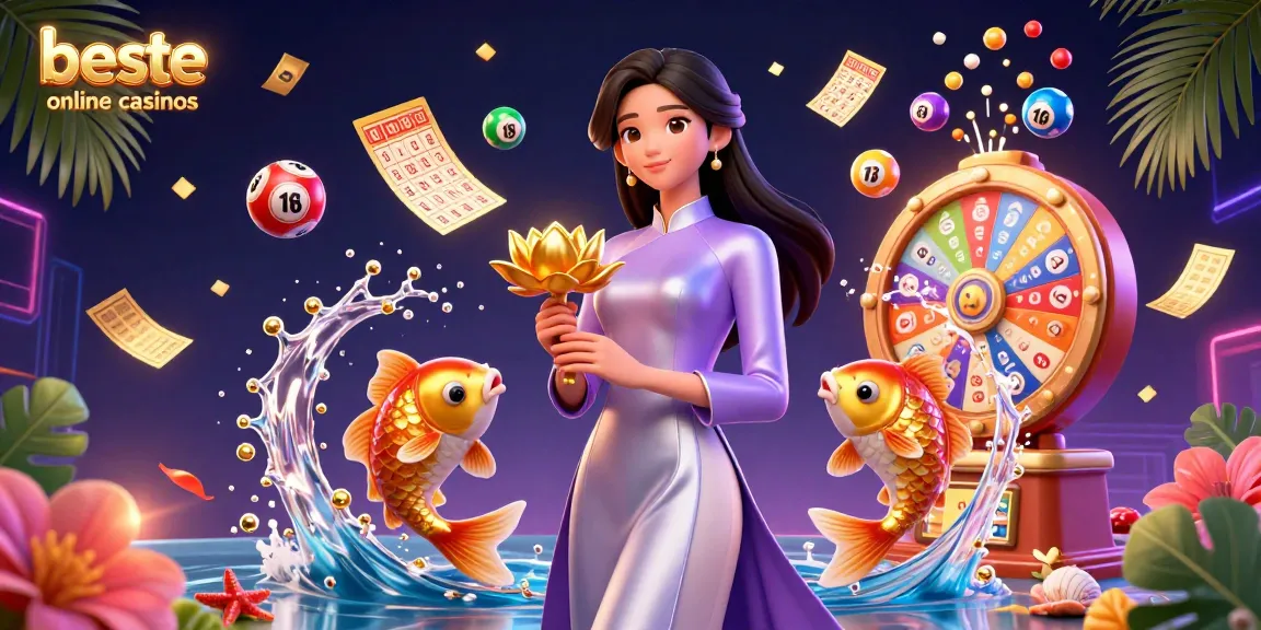 Experience the excitement of beste online casinos with an engaging illustration of an Asian woman in traditional dress amidst vibrant gaming elements.