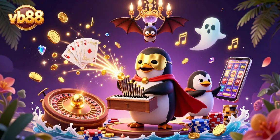 Experience vb88 vibes with a cartoon penguin playing a golden organ shooting coins in a lively casino scene.