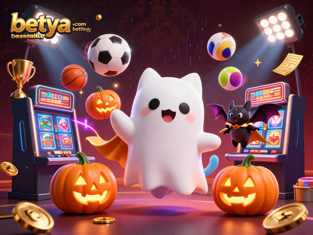 Engage in betya.com baseball betting with a dynamic scene of a ghost cat, sports balls, and glowing elements.