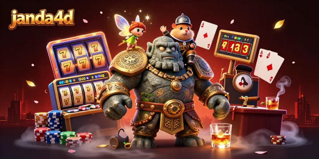 Permainan slot Janda4D yang menampilkan karakter golem, peri, dan kesatria, menggabungkan elemen kasino.