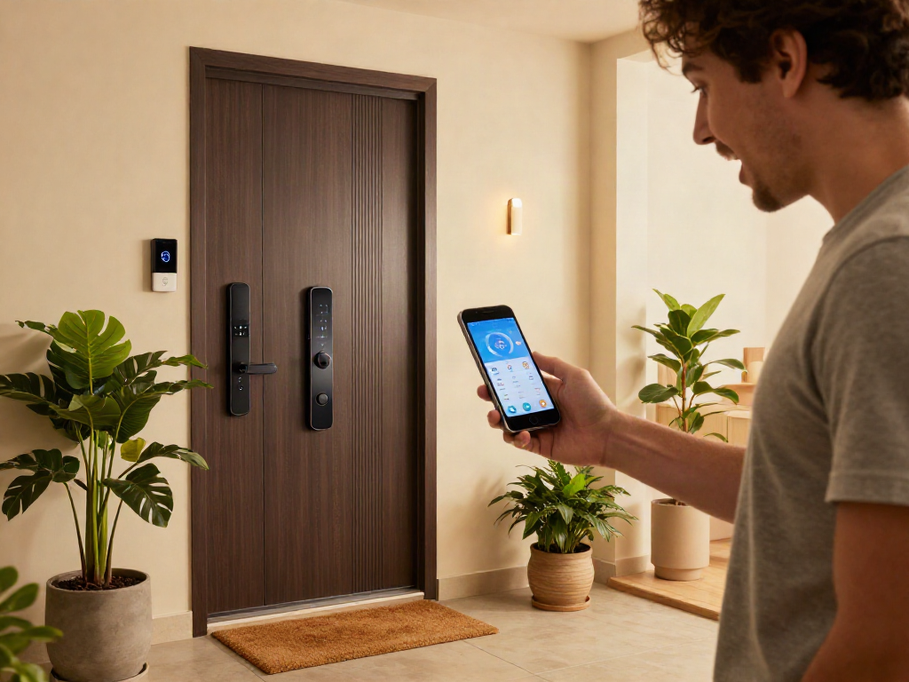 Smart lock installation at home showcasing its features and usability with قفل هوشمند.
