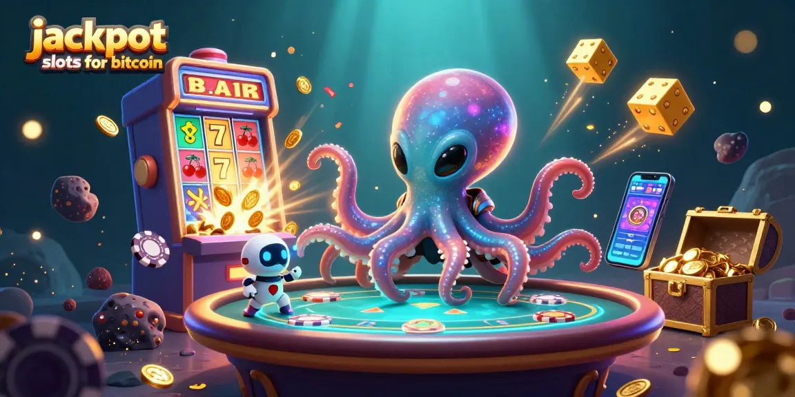 Engage in jackpot slots for bitcoin with a vibrant scene featuring an alien octopus and robot companions amidst thrilling casino elements.