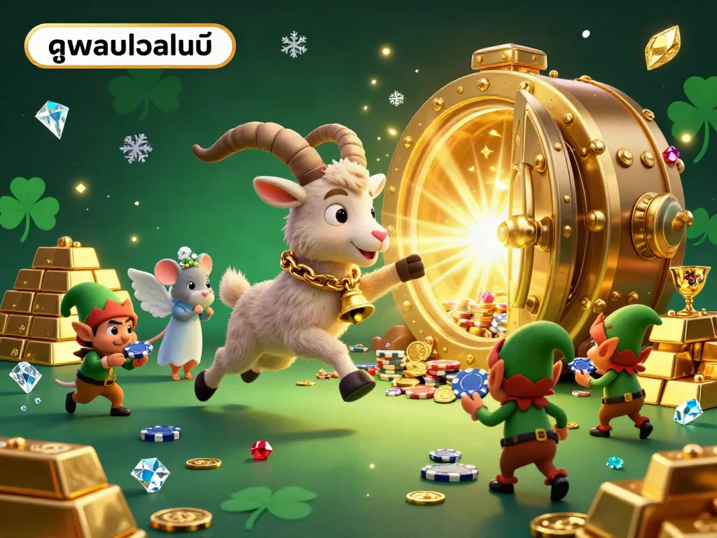 Experience ดูบอลออนไลน์ like never before in a vibrant 3D cartoon casino scene with lively characters and gold elements.