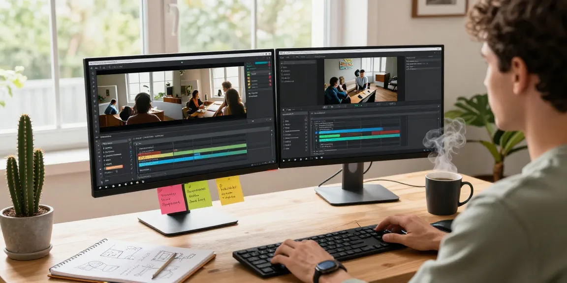 Video prompt ai workspace with creator analyzing clips using AI technology and dual monitors, showcasing video analysis and editing.