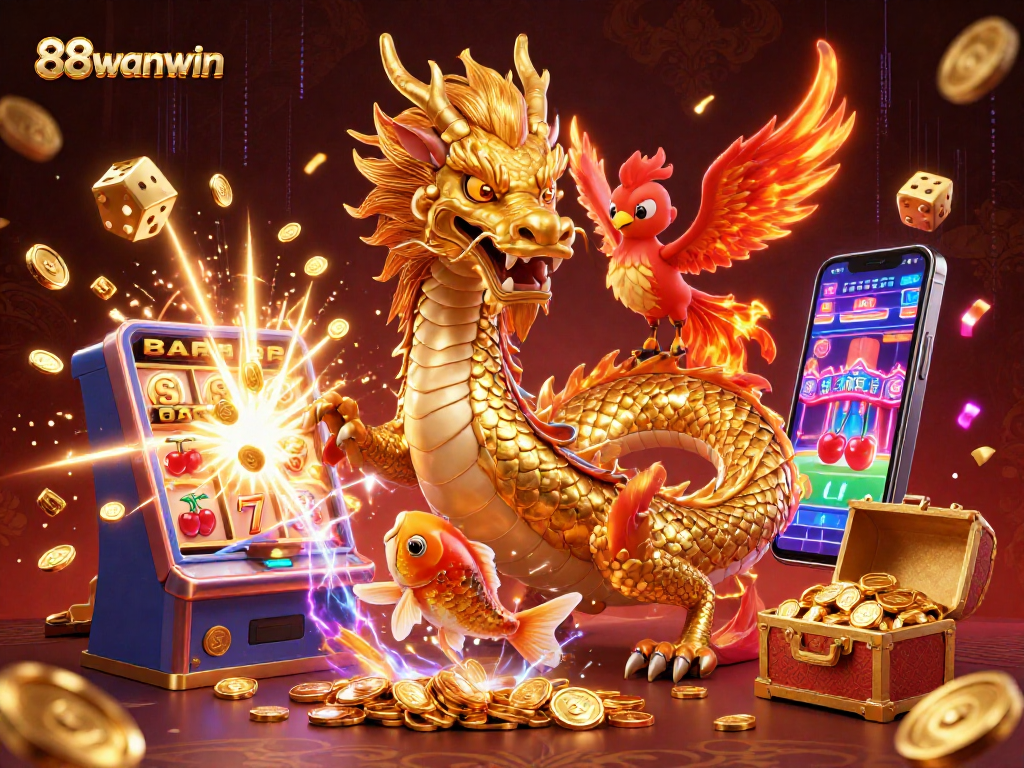 Join the excitement at 88wanwin with a dynamic casino scene featuring a dragon, phoenix, and slot machine bursting with coins.