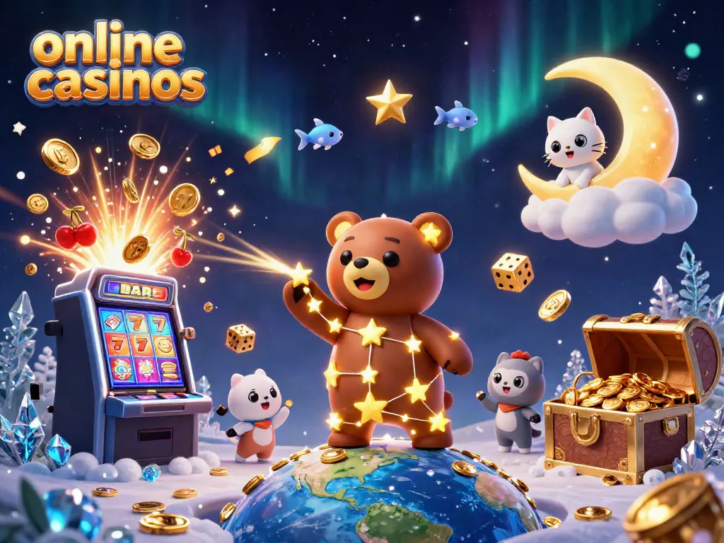 Engage in thrilling online casinos with a cartoon constellation bear scooping coins and vibrant game elements.