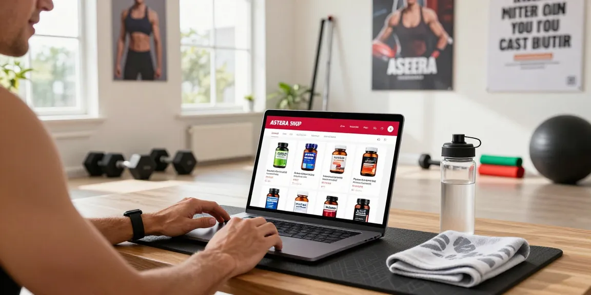 Fitness enthusiast shopping at Astera Shop for premium steroids in a modern home gym.