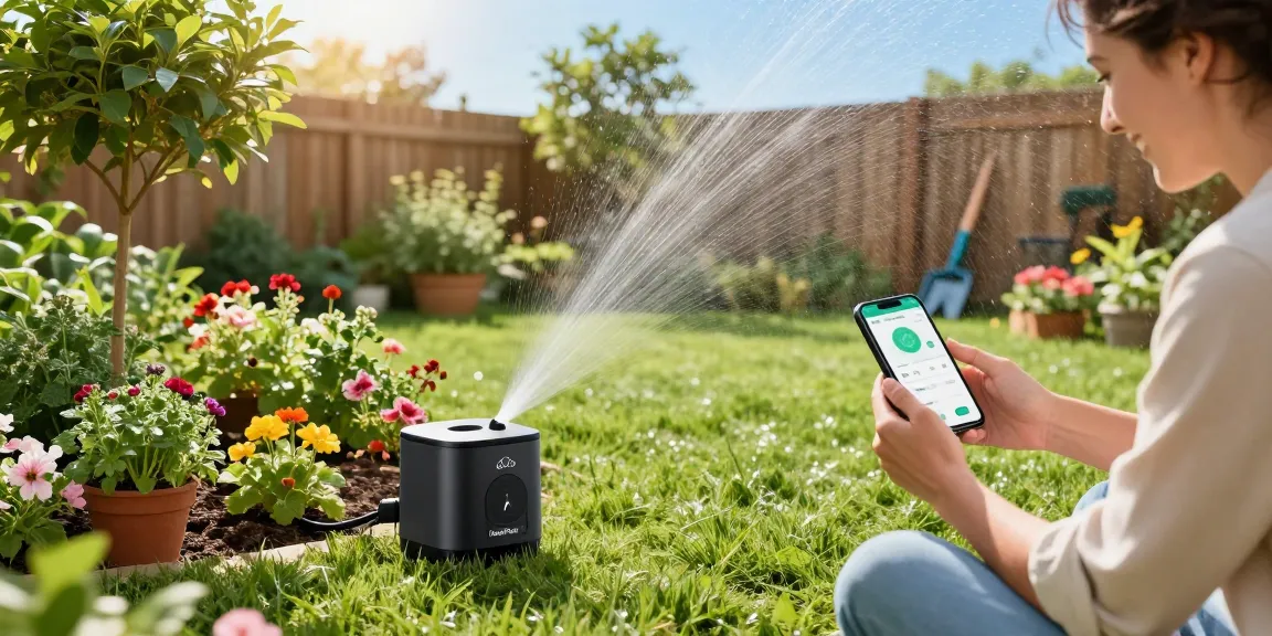 Homeowner checking the rainpoint automatic watering system app while enjoying a flourishing garden.