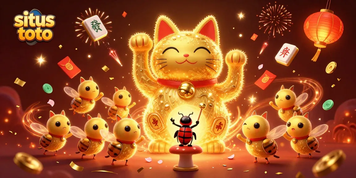 Engage with situs toto, featuring a vibrant lucky cat made of golden fireflies amidst casino symbols.