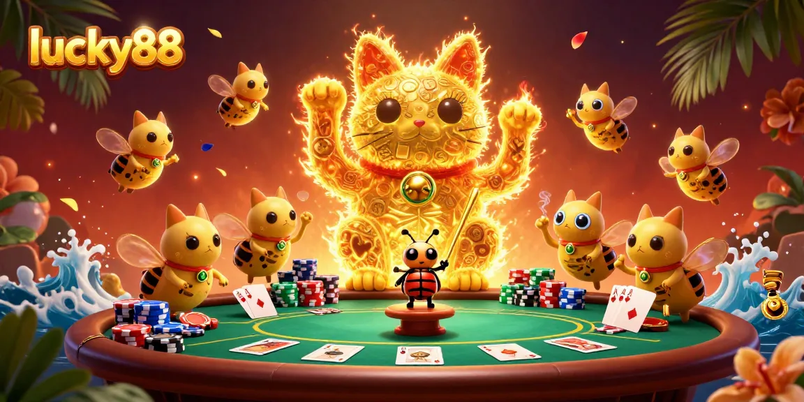 Engage with the golden lucky88 cat among vibrant casino elements at a thrilling poker scene.