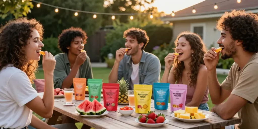 Friends enjoying vibrant activist edibles gummy treats in a backyard gathering.