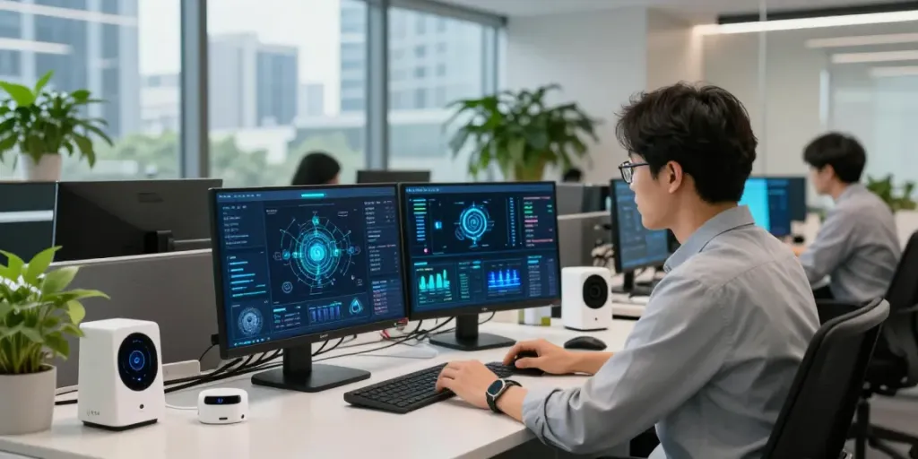 IoT security analysis in a modern office with various devices and vibrant city view.