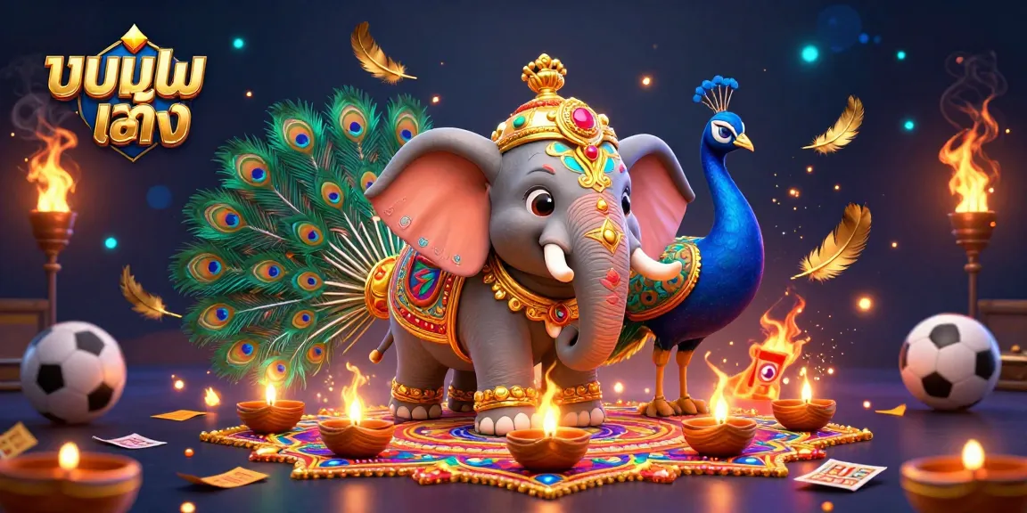 Engage in thrilling แทงบอลเต็ง action with a dynamic scene featuring a Diwali-themed elephant and a peacock.