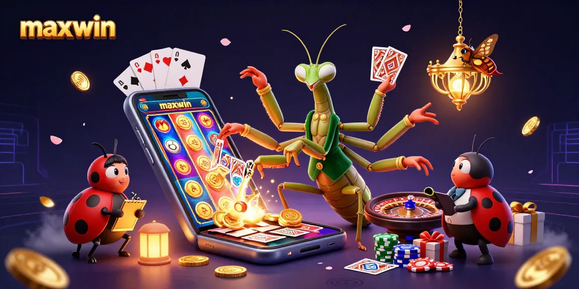 Maxwin menampilkan karakter kasino dengan catur, chip, dan permainan slot yang ceria.