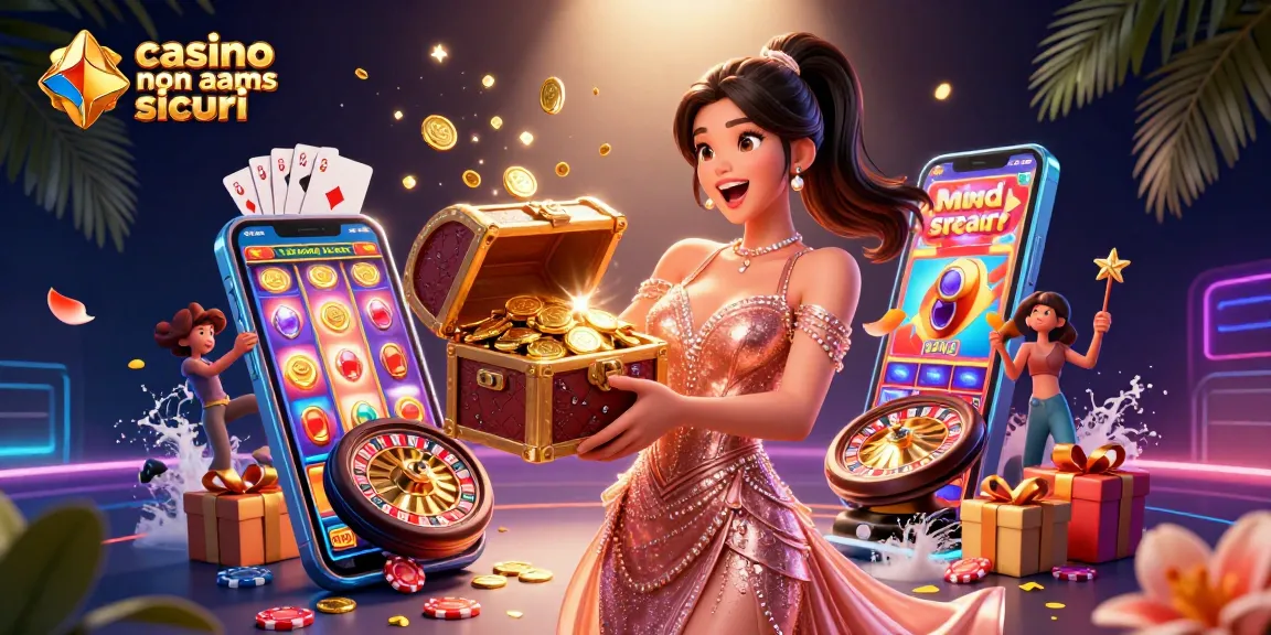 Scopri l'emozione dei casino non aams sicuri con una gioiosa donna asiatica che presenta tesori e elementi di gioco.