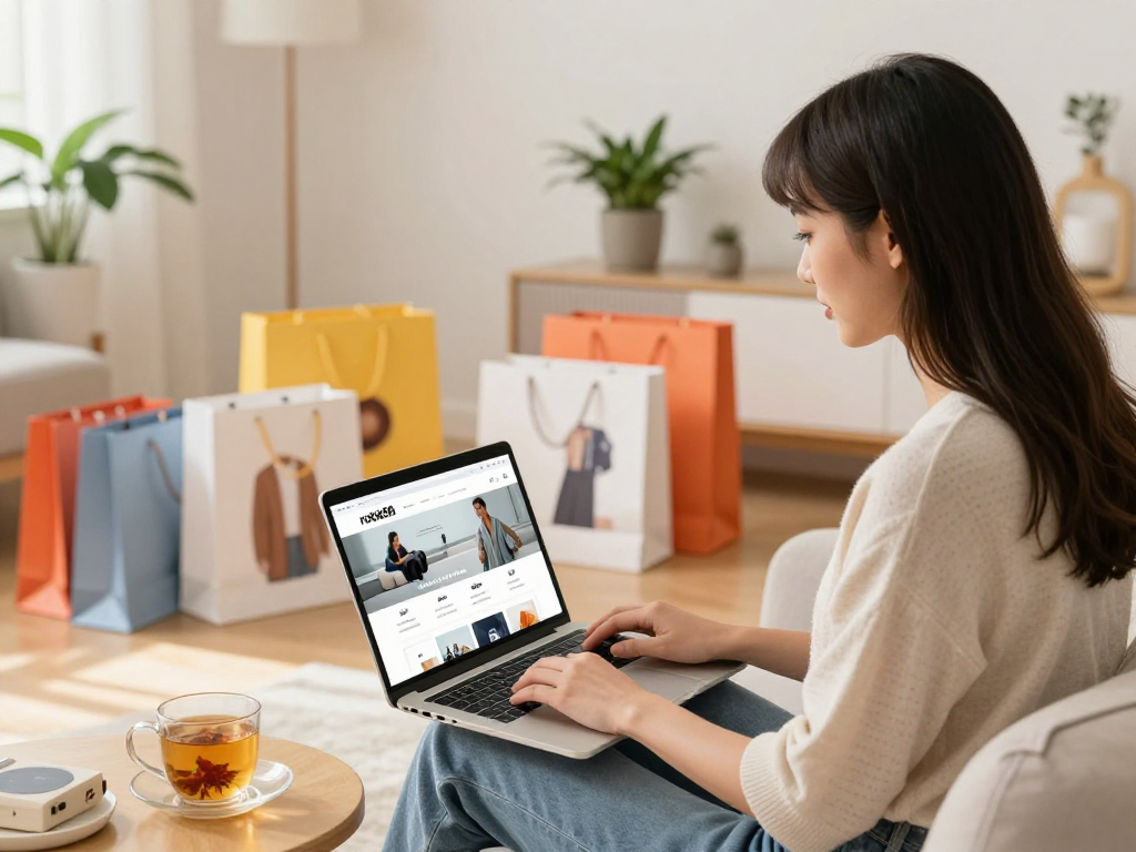 Shopping online at rokok88 in a cozy living room, showcasing vibrant bags and a casual atmosphere.