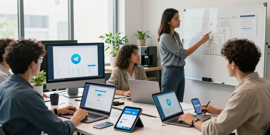 Collaboration scene featuring young professionals discussing telegramin-cn.com in a modern tech workspace.