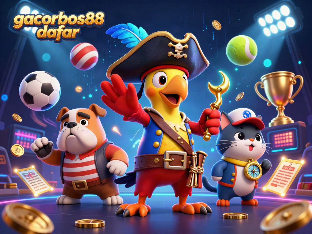 Join the adventure at gacorbos88 daftar with a colorful casino scene featuring vibrant characters and dynamic gaming elements.