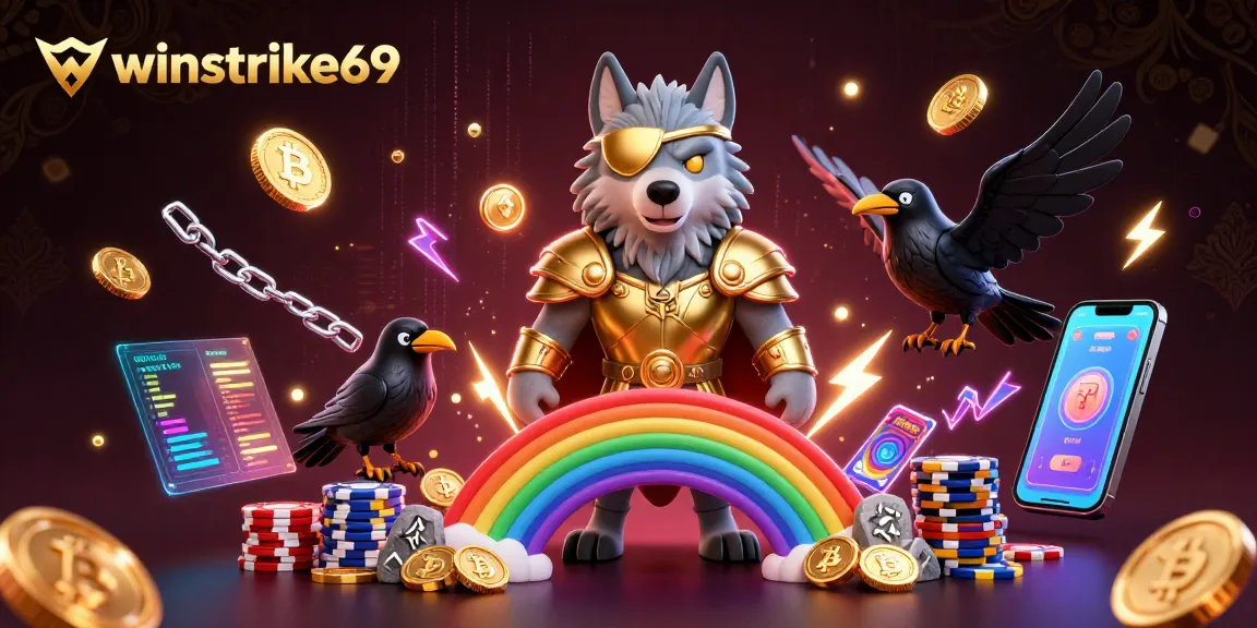 Engage in thrilling wins with winstrike69 amidst a vibrant 3D casino illustration.
