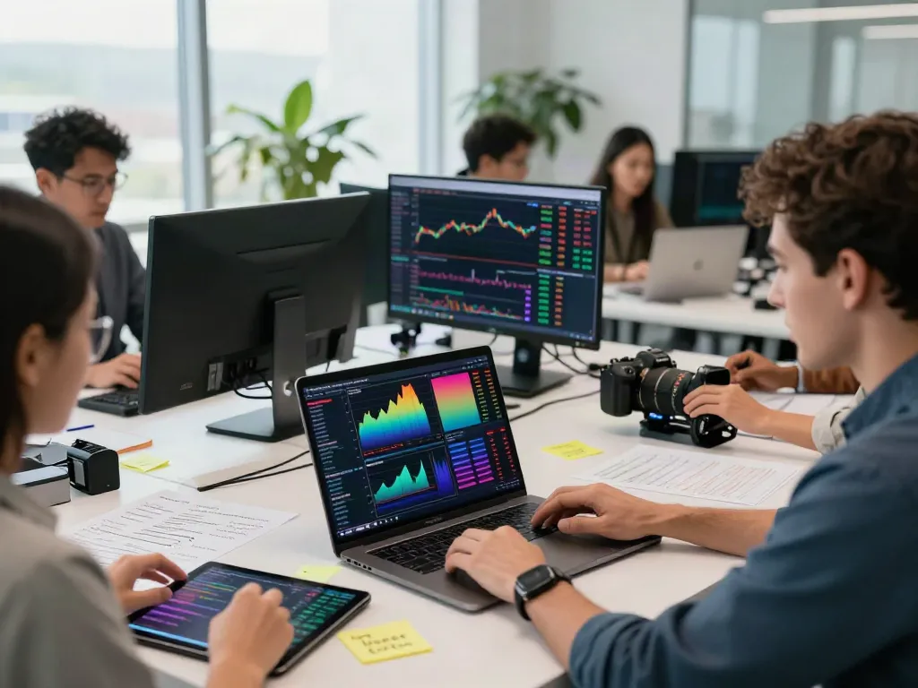 tradingview官网 and traders collaborating on market analysis in a modern office