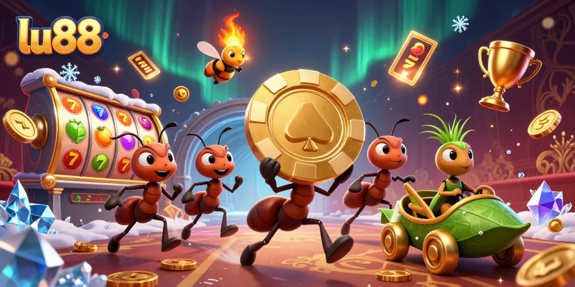 lu88 showcases a heist by cartoon ants with a giant poker chip among dynamic gaming elements.