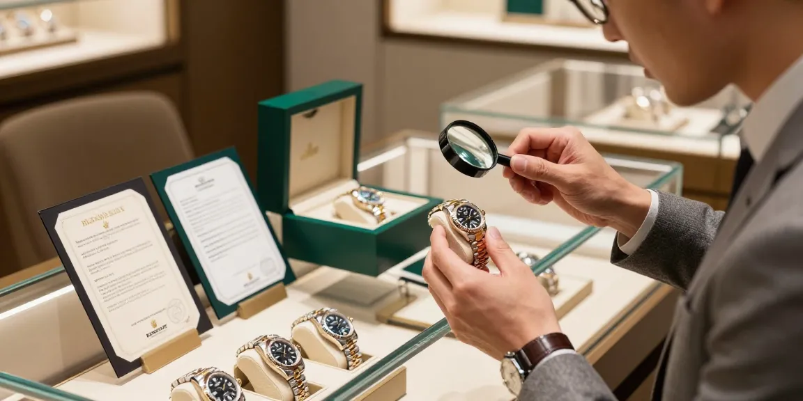 Examining rolex super clone watches in an elegant retail space highlighting quality craftsmanship and detail.